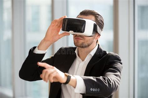Man Wearing Vr Headset And Pointing At The Air Stock Image Image Of
