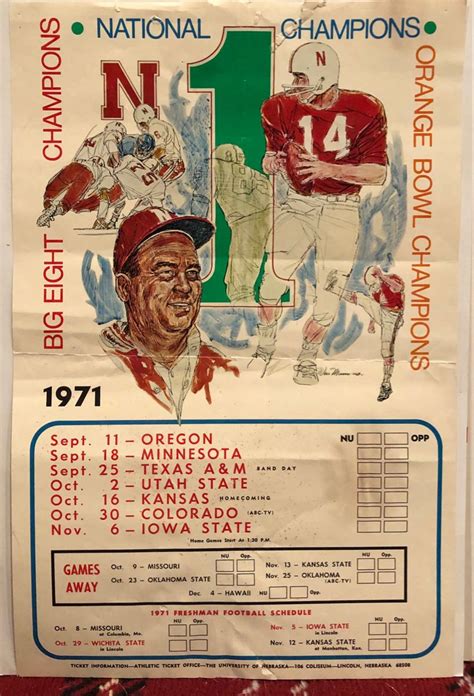 1971 Nebraska Football Schedule Poster Nebraska Football Nebraska