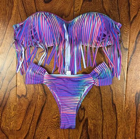 2018 Newest Push Up Bathing Suit Bandeau Swimwear Rainbow Tassel Bikini