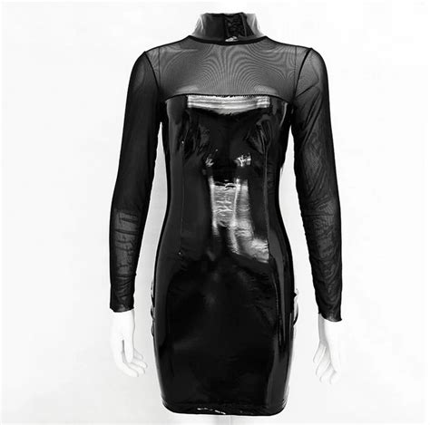 Aliexpress Com Buy Sexy Women Black Long Sleeve Mesh Pu Leather