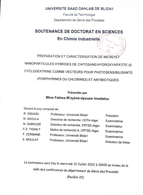 Soutenances De Doctorat Université Blida 1