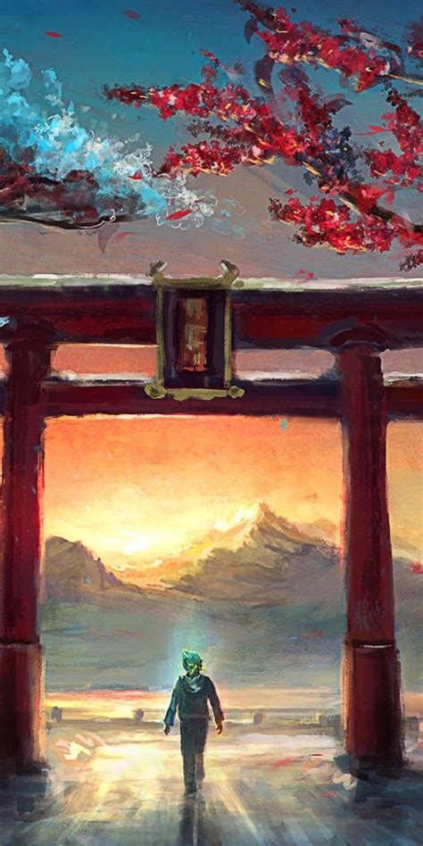 1080x2160 Sunset Art And Walking Under Torii One Plus 5thonor 7xhonor