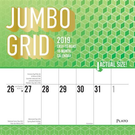 Jumbo Grid Large Print 2019 Square Wall Calendar Plato