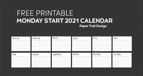 Free Printable 2021 Calendar Monday Start Paper Trail Design