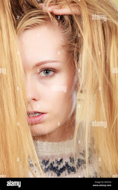 Haircare Hairstyling Bleaching Concept Blonde Woman Holding Her Long