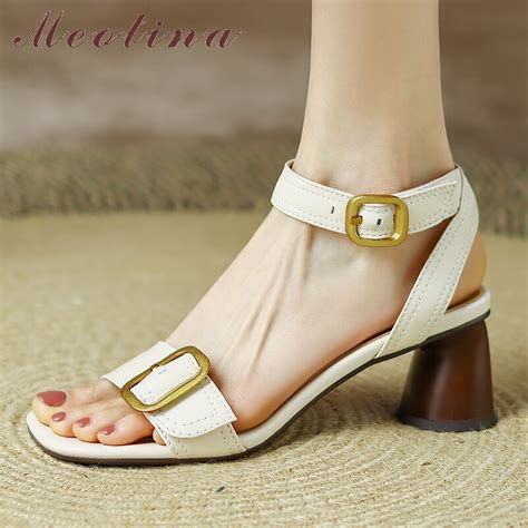 Meotina Women Genuine Leather Ankle Strap Shoes Thick Heel Summer Buckle Sandals Square Toe High