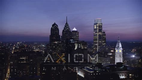 Downtown Philadelphia Skyscrapers Pennsylvania Night Aerial Stock