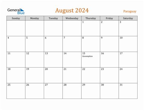 Free August 2024 Paraguay Calendar