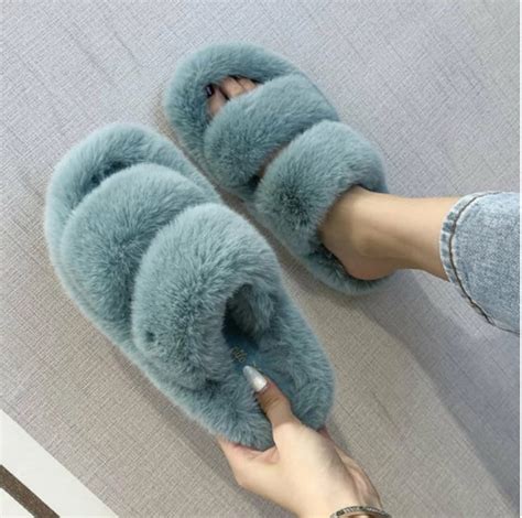 Faux Fur Slippers Home Slippers Women Cozy Furry Slides Open Etsy