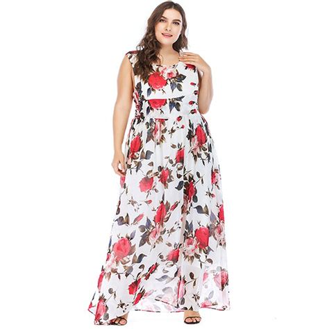 Plus Size Summer Chiffon A Line Sleeveless Floral Maxi Casual