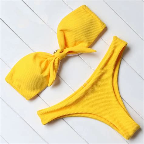 fbs 2018 new swimwear women solid yellow swimsuit bikini set bandage summer push up biquini