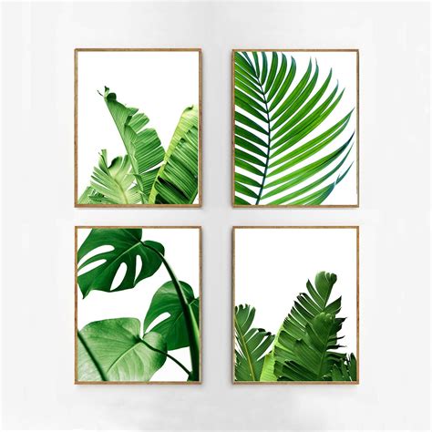 set of 4 tropical leaves leaf prints set green wall art minimalist posters palm leaf banana