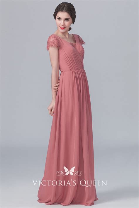 Dusty Rose Chiffon A Line Long Vintage Bridesmaid Dress With Lace Cap