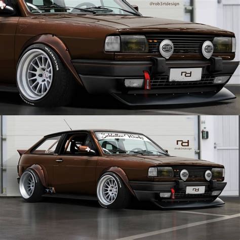 Two Pictures Of A Brown Car With White Rims
