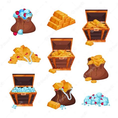 Premium Vector Cartoon Set With Full Bags And Wooden Chests Of Pirate Treasures Piles Of