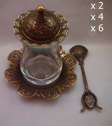 Authentic Turkish Tea Set Glass Cup Saucer Spoon Sugar Lid Bowl Ottoman