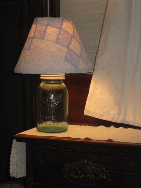 Blue Mason Jar Lamp Handmade Quilt Shade Antique Rustic