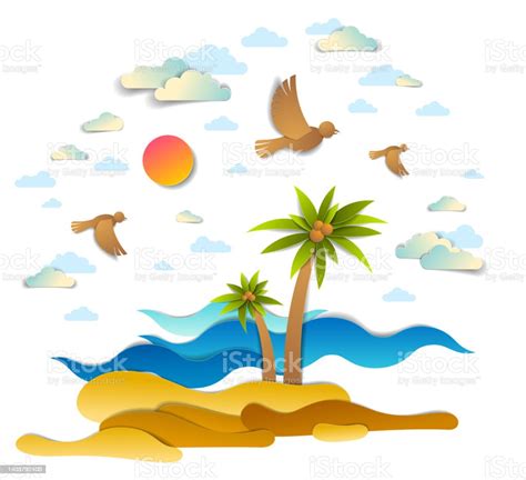 Beautiful Seascape With Sea Waves Beach And Palms Birds Clouds And Sun