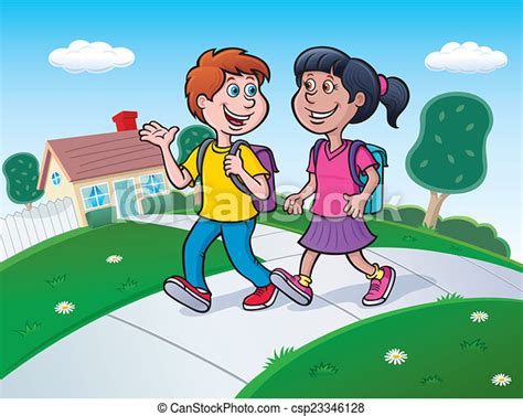 Dos Niños Caminando A La Escuela Ilustración De Dibujos Animados De Un