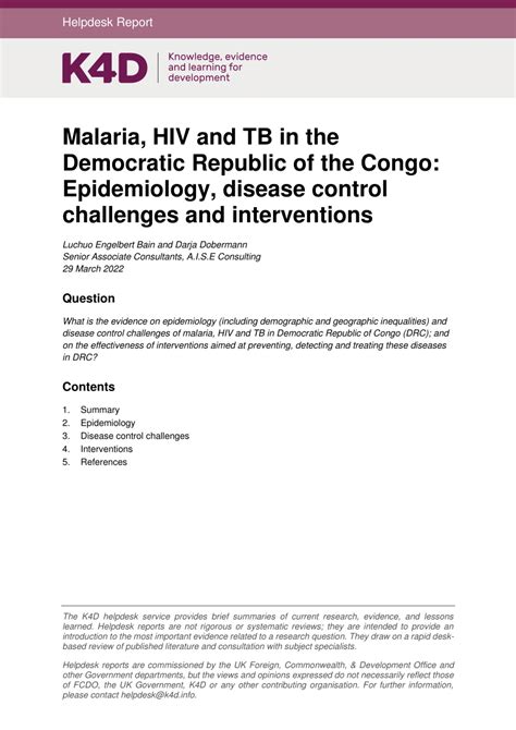Pdf Malaria Hiv And Tb In The Democratic Republic Of The Congo