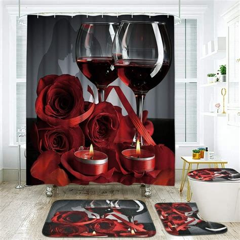 Framics Red Rose Shower Curtain Sets With Rugs Romantic Flowers Wine Bathroom Decor Set
