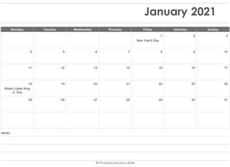 Monthly 2021 calendar with holidays. January 2021 Calendar Templates