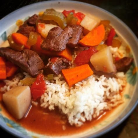 Homemade Beef Stew Over Steamed Rice Food