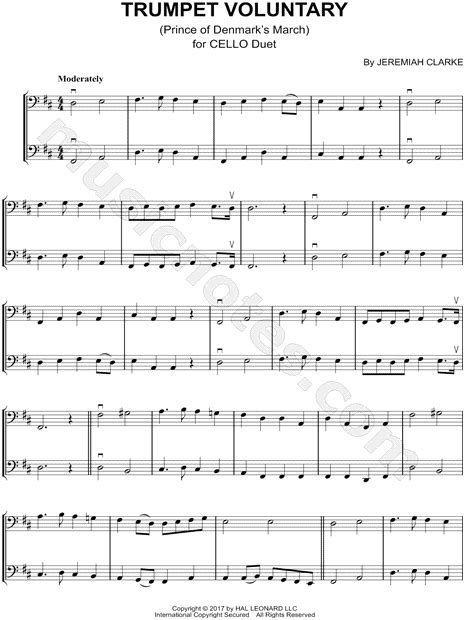 Jeremiah Clarke Trumpet Voluntary Cello Duet Sheet Music In D Major