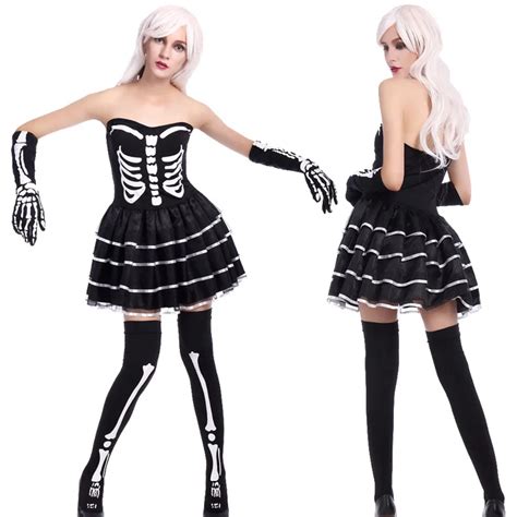 Womens Sexy Skeleton Costume Zombie Costume Miss Skeleton Black Dress Halloween Party Fancy