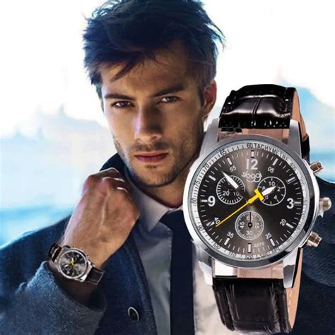 Quartz Watch Mens Stainless Steel Dial Leather Band Watches Mens Top