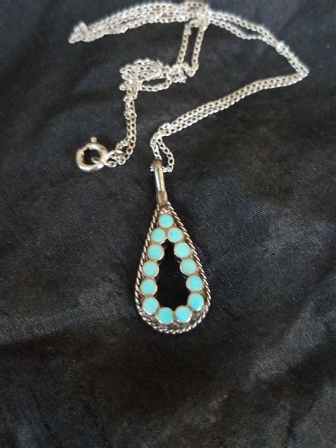 Zuni Sterling Silver And Turquoise Teardrop Pendant Necklace Pendant