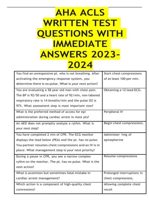 AHA ACLS WRITTEN TEST QUESTIONS WITH IMMEDIATE ANSWERS - AHA ACLS