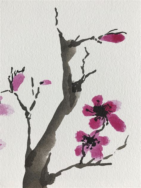 Sumi E Brush Painting Of Cherry Blossoms Chinese Brush Etsy
