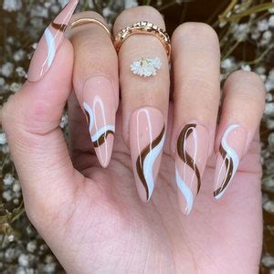 Nude Abstract Nail Design White And Brown Lines Coffin Etsy