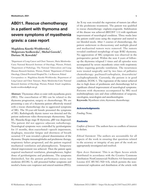 Pdf Ab Rescue Chemotherapy In A Patient With Thymoma And Severe