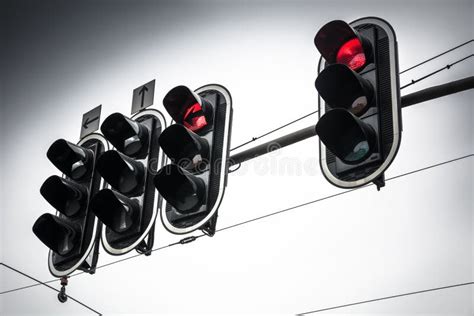 Overhead Traffic Lights On Red On Overcast Day Stock Image Image Of