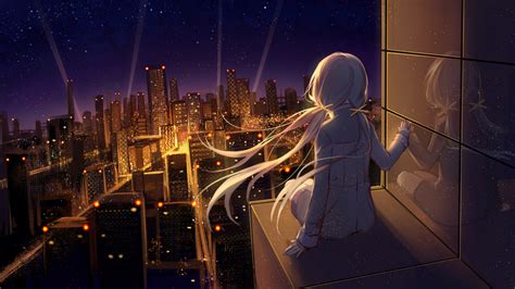 Wallpaper City Lights Sitting Reflection Night Stars Anime Girls 1920x1080 Masonwasd