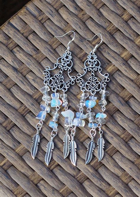Opal Statement Chandelier Earrings Natural Chip Stones Iridescent