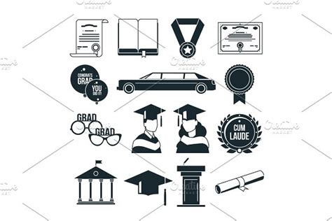 Students Graduation Party In Monochrome Style Black Vector Icons Set