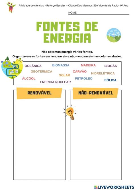 Fontes renováveis e não renováveis de energia worksheet Education babe subjects Workbook