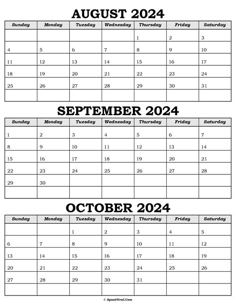 August To October 2024 Calendar Templates Spootviral