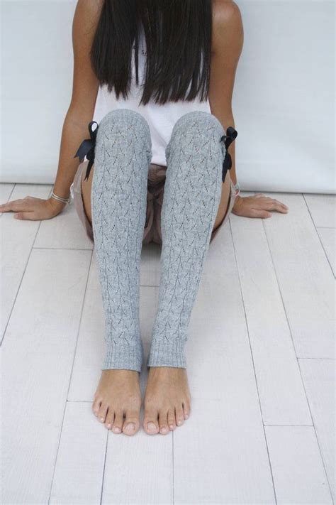 Leg Warmers Women Gray Knit Leg Warmers With Black Ribbon Yoga Leg