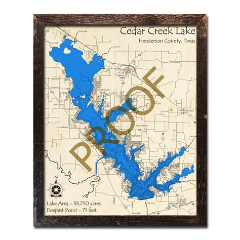 Cedar Creek Lake Texas 3d Wooden Map Framed Topographic Wood Chart