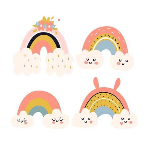 Premium Vector Cute Rainbow Clouds And Rainbows Hand Drawn Vector