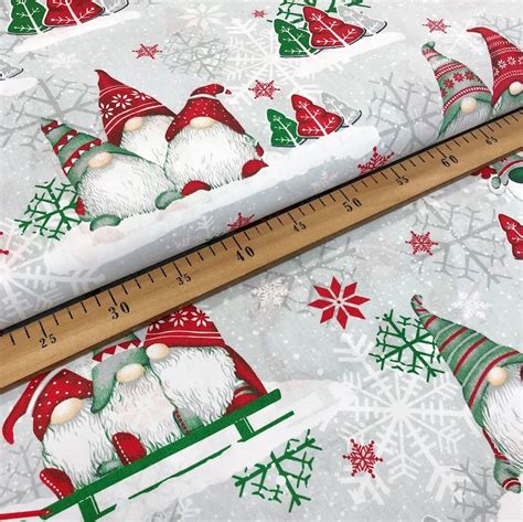 Christmas Gnome Cotton Fabric By The Yard Scandinavian Gnomes Etsy