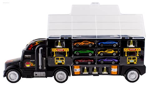 Wolvol Transport Car Carrier Truck Toy For Boys Includes 6 Cars And 28