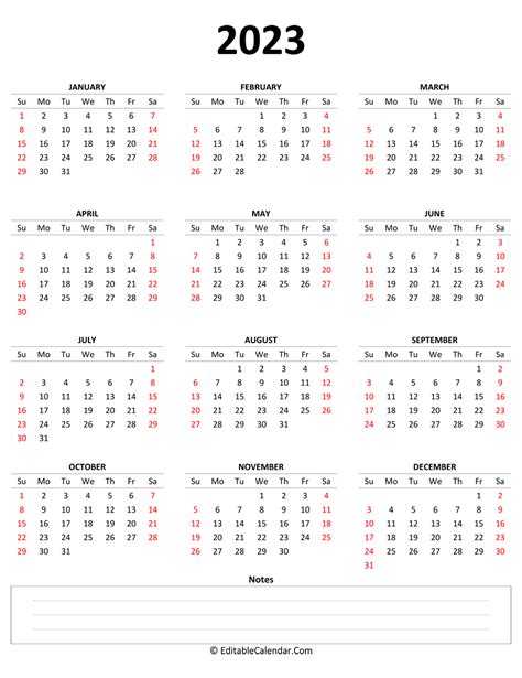 2023 Yearly Calendar With Notes Portrait Orientation