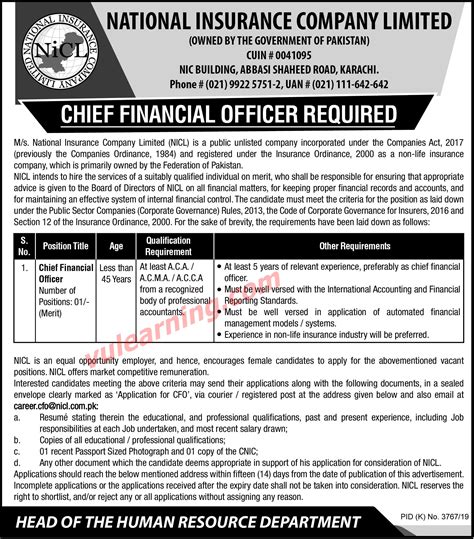 Apply for latest chief financial officer jobs in pakistan based company lahore, 2021 adverisement on paperads.com job id 230263. National Insurance Company Limited (NICL) Karachi Jobs ...