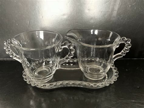 Vintage Imperial Glass Candlewick Sugar Creamer W Contoured Tray