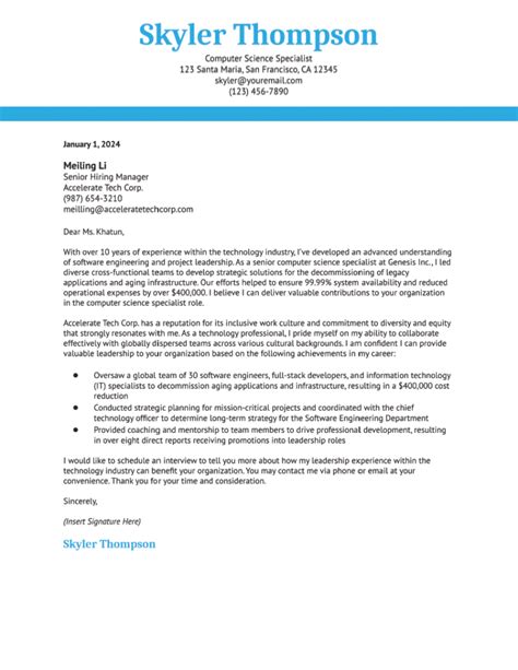 Computer Science Specialist Cover Letter Examples And Templates For Resumebuilder Com